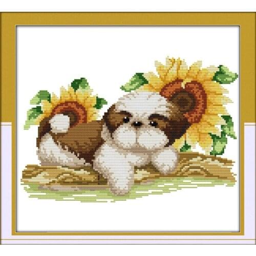 Watching Sunflower dog 100% simple printed cloth cross-stitch animal cross stitch kits counted canvas fabric aida 14ct 11ct