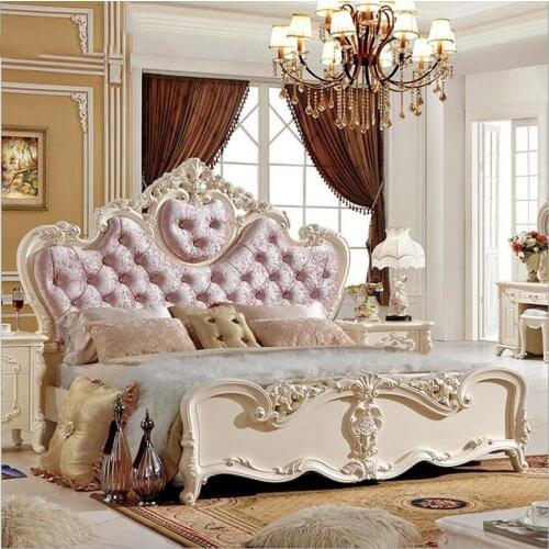 Modern european solid wood bed 2 people Fashion Carved fabric french bedroom furniture pfy10152