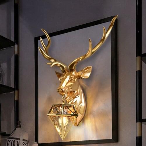 Modern Wall Lamp American Deer head Wall Lamps For Living Room Bedroom Nordic Home Art Decor E27 Gold Resin Wall Light Fixtures