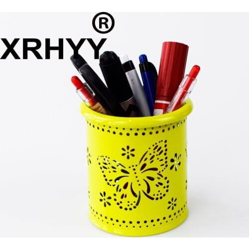 Iron Hollow Pen Container Makeup Brush Vase Butterfly Brush Pot Pen Holder Stationery Round Basket Desktop Mesh Makeup Storage