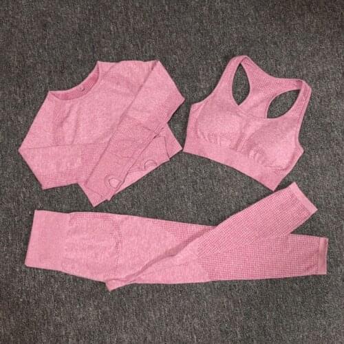Womens Sportswear Yoga Set Vital Seamless Leggings+Sport Brassiere+Long Sleeve Crop Top 3PCS Sports Suits Gym Workout Clothing