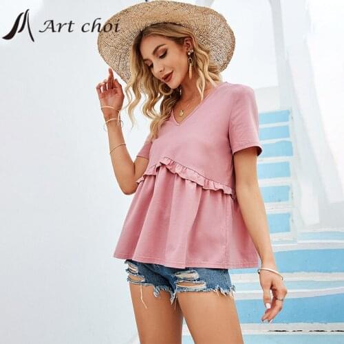 Summer Elegant Sweet Girls Solid Ruffle T-Shirts Women Ladies Loose Tops Short Sleeves Female Korean Style Pullover Streetwear