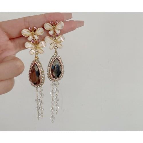 New Fashion Luxury Shiny Rhinestone Long Bowknot Tassel Drop Earrings Korean Baroque Style Women Pendientes Jewelry