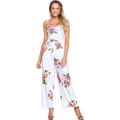 Summer Long Playsuit 2018 Boho Style Navy Blue Floral Print Spaghetti Strap Wide Leg Jumpsuit Overalls Female