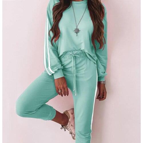 Fashion Women Autumn O Neck Long Sleeve Stripe Loose Blouse Pants Set Tracksuit