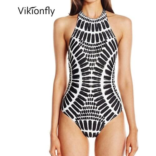 Vikionfly Back Lace Up Swimsuit Women One Piece Swimwear 2019 Printed Sexy Backless Padded Push Up Onepiece Bikini Bathing Suit