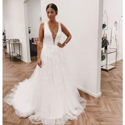 White Wedding Dress 2021 Deep V-neck Floor Length With train tulle white bridal Sweep gowns backless women bridal custom made