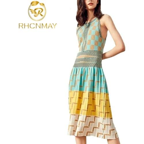 2019 Runway Spring Summer Women Knitting Dress Sexy O Neck Sleeveless Bohemian Plaid Sweater Dress ladies Boho vestidos