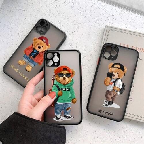 Cute BEAR Hard Phone Case For iPhone 11 12 Pro Max XR X XS MAX SE 20 7 8 6Plus Fashion Brand Clear Black Cover Matte Fundas Capa