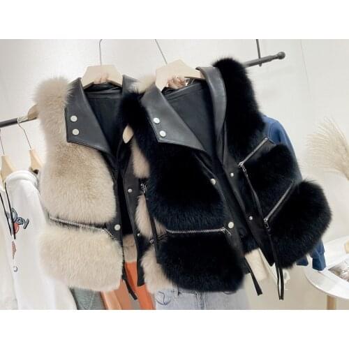 2020 new design womens turn down collar PU leather patchwork faux fur zipper decoration sleeveless short vest coat casacos