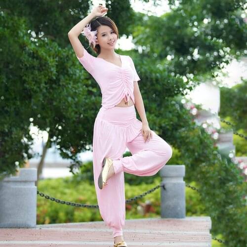 2007# Belly Dance Practice Training Clothes Women Sexy Wrinkle Bust Top Long Pants Pantaloons Latin Dancing Dress
