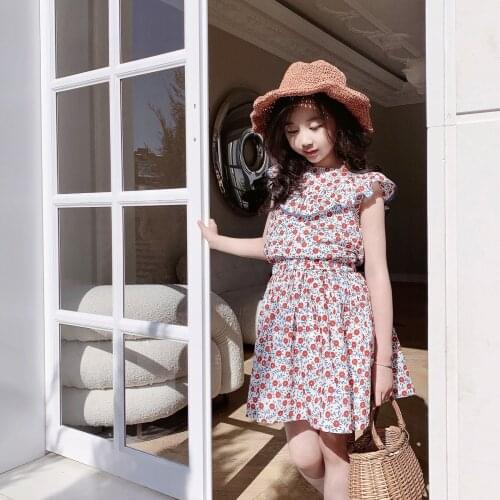 2021 Summer 2pcs Clothing Set Baby Girls Clothes Flower Print Short Sleeve Tops + Skirt Girls Sweet Set