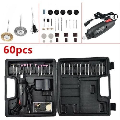 60pcs/set Mini Electric Grinder+Charger+Full Accessories DC 12V Adjustment Grinding Tool Brush Wheel Cutting Drill Bit Polishing