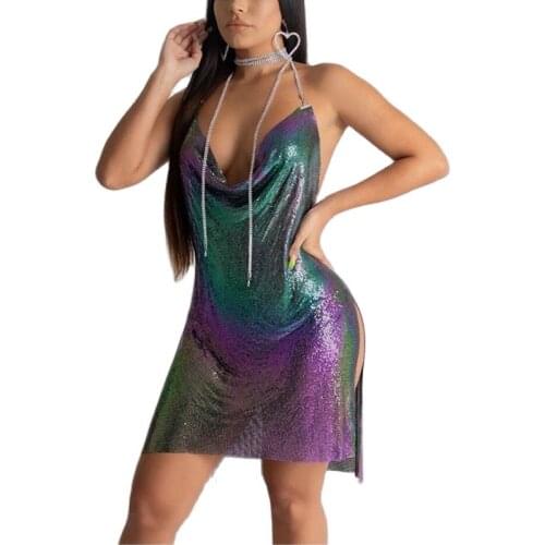 AKYZO 2021 Fashion Sequin Coruscate Color Mini Slip Dress Women Sexy Deep V Neck Backless Silm Split Hip Metal Dresses