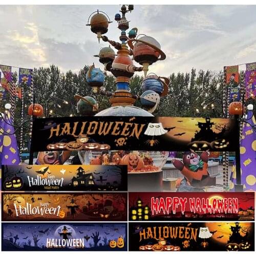 Halloween Banner Pumpkin Ghost Head Happy Vampire Bat Print Holiday Party Background Hanging Banner Polyester Halloween Banner