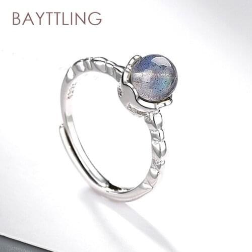 BAYTTLING 925 Sterling Silver Fine Moonstone Round Open Ring For Woman Fashion Wedding Jewelry Couple Ring Gift
