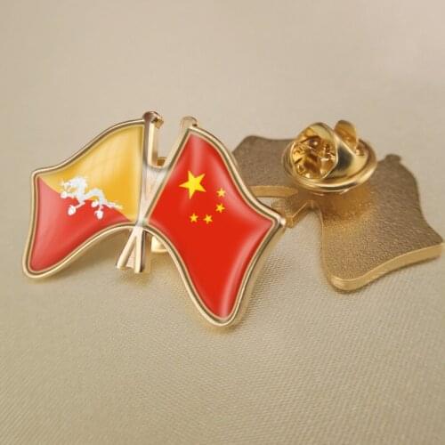 Bhutan and China Crossed Double Friendship Flags Lapel Pins