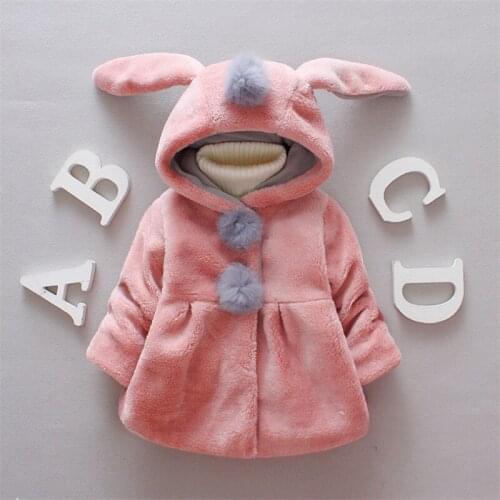 Baby Girls Jacket with Rabbit Ear Cap Solid Color Long Sleeve Button-up Coat Children Outerwear for Autumn Winter 0-4T