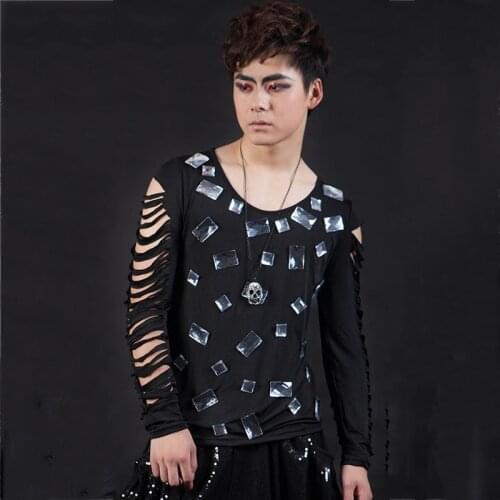 Jazz Dance Costumes Hole Long Sleeve Stage Black Rhinestone T-Shirt Nightclub Men Clothing Male Rock Singer Show Clothes DT824
