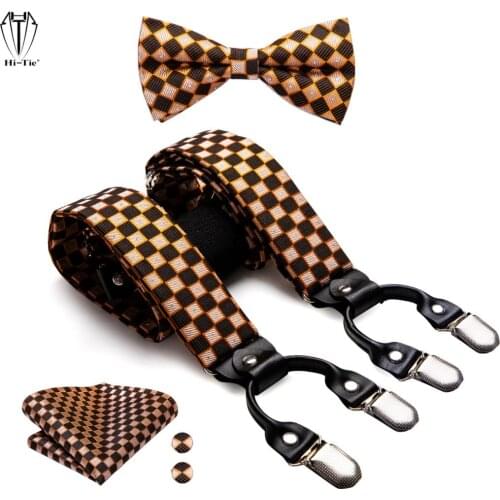 Hi-tie New Silk Jacquard Mens Suspenders Set Orange Black Check 4PC 6 Clips Male Braces Bowtie Hanky Cufflinks 3.5cm Strap Gift