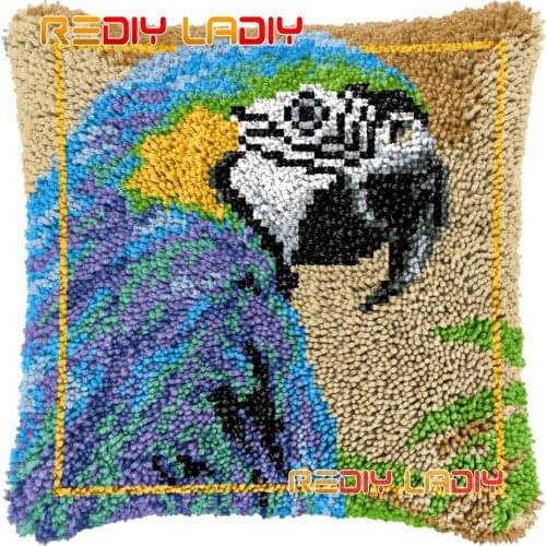 Latch Hook Cushion Blue Macaw DIY Needlepoint Kits Chunky Acrylic Yarn Arts Crocheting Lofty Pillow Case Hobby & Crafts