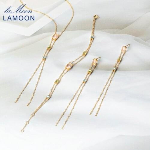 LAMOON 925 Silver Tassel Sexy Jewelry Set For Women Natural Rose Quartz Topaz Olivine 14K Gold Plated Wedding Party Jewelry V066