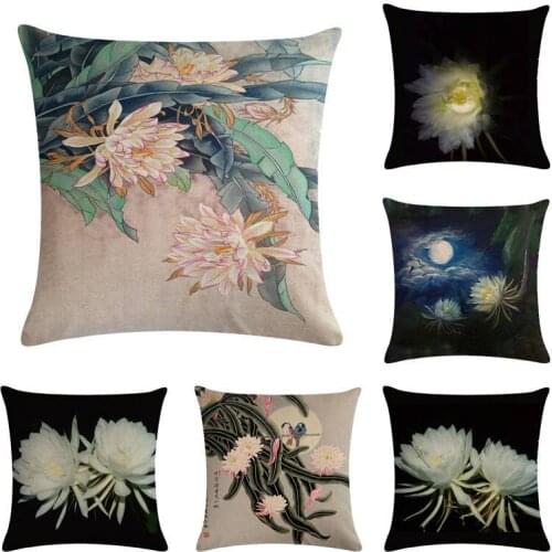 Hot Selling White Epiphyllum Series Flax Pillow Cover Sofa And Automobile Cushion Cover