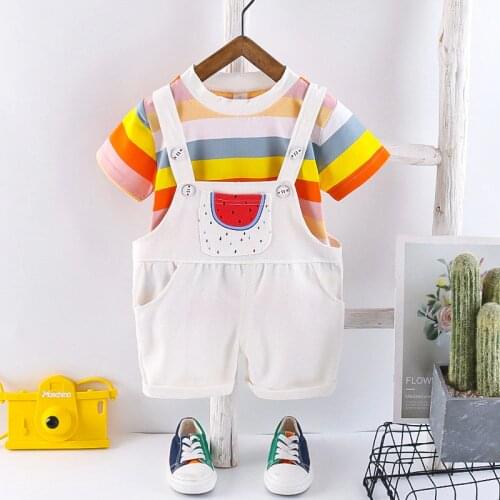 2021 Baby Girl Sweet Clothes 1 2 3 4 5 Years Kid Summer Striped Cotton Top + Cartoon Watermelon Cowboy Suspenders Girls Costume