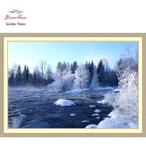 Golden Panno Needlework DIY DMC Cross stitch Sets For Embroidery kits Precise unprint Frozen plants river Counted Cross-stitch 7