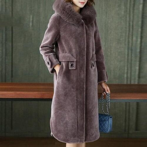 Autumn Winter Women Natual fox Fur Hooded Wool Fur Coat Fashion Warm Long-sleeved Loose Black Overcoat Plus Size LX2067