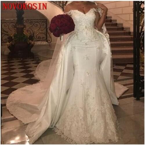 Elegant Beaded Lace Wedding Dresses With Detachable Train Off Shoulder Mermaid Bridal Gowns Applique Ivory Satin Wedding Dress
