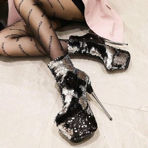 New Ladies Sexy Super High Heel Mid Calf Boots Autumn Winter Zipper Platform Sequined Short Short Boots Nightclub Womens Shoes