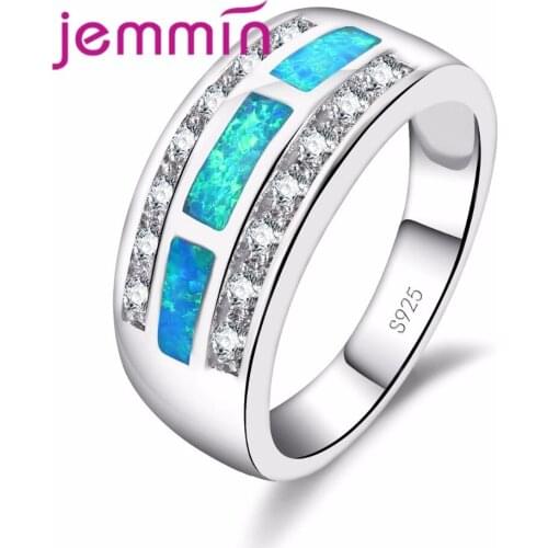 Rectangle Design Blue Opal Ring S925 Sterling Sliver Ring With Channel Setting Micro Clear Crystal Bijoux Multiple Size