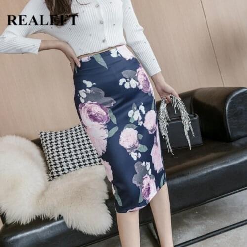 REALEFT Elegant Flower Printed Sheath Wrap Skirts High Waist Zipper Back Split Pencil Midi Skirts Womens 2021 New Spring Summer
