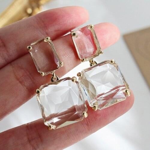 925 Silver Needle Clear Geometric Square Crystal Earrings Exaggerated Pendant for Women Fashion Ear Stud Female