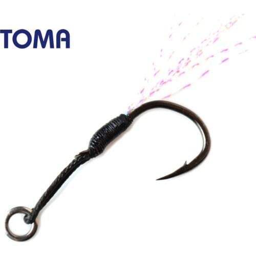 TOMA 6pcs/lot slow jigging Fishing Assist Hook Black Nickel Cast Jigs Fishhook Barbed Single Jig Hooks with Thread Feather Pesca