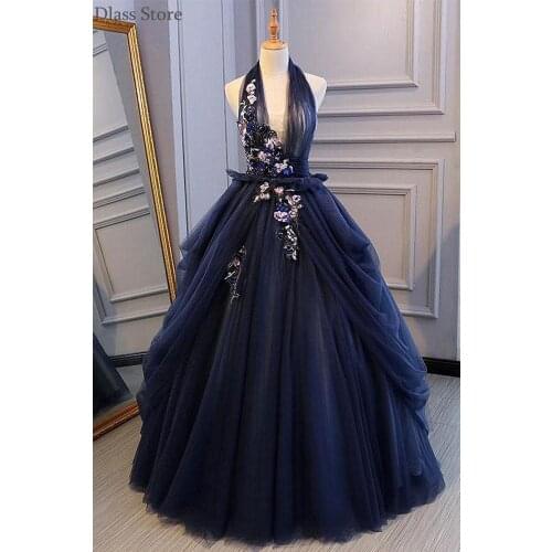Navy Blue Evening Dress 2020 New Haltr Sleeveless Deep V-neck Tulle A-line Ball Gown Backless Prom Dress Lace-up robe de soirée