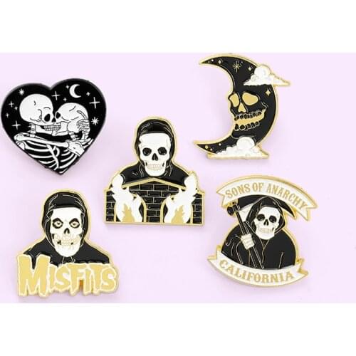 XEDZ Punk Skeleton Skull Enamel Pin Dark Grim Reaper Brooch Backpack Clothes Lapel Pin Gothic Jewelry Gift for Friends
