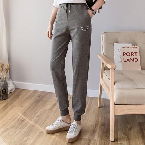 Joggers Women 2019 Autumn Korean Streetwear Casual Smiling Face Embroidery Lace Up Sweatpants Harem Pants Gray Black Green B298
