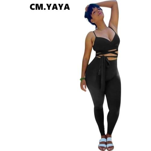 CM.YAYA Women Set Solid Sleeveless Strap V-neck Badnage Crop Tops Stretchy Pencil Pants Two 2 Piece Sets Fashion Outfit Summer