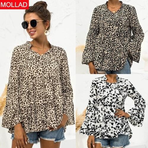 2021 Hot Sale Leopard Print Printed V-neck Tie-Neck Flared Sleeves Loose Top