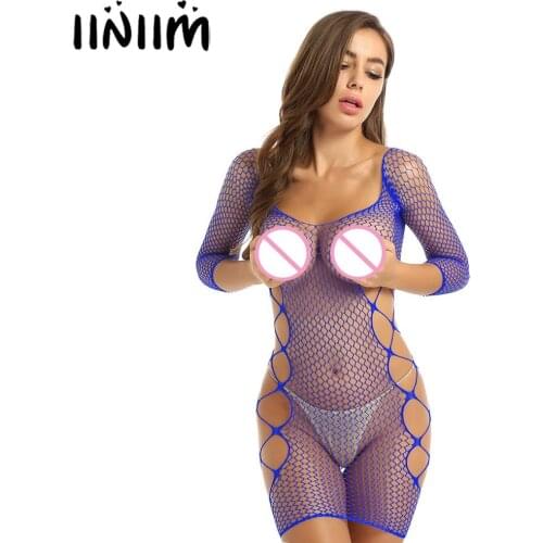 Womens Hollow Out Fishnet Sissy Babydoll Chemise Lingerie Off Shoulder Mini Dress See-through Mini Bodystocking Exotic Dresses