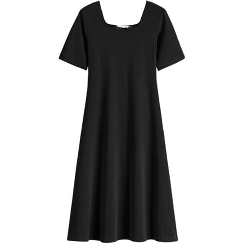 Dress Women Elegant Short Sleeve Ladies New Clothing Pure Retro Square Collar Pure Color Chic Oversized French Retro 2021