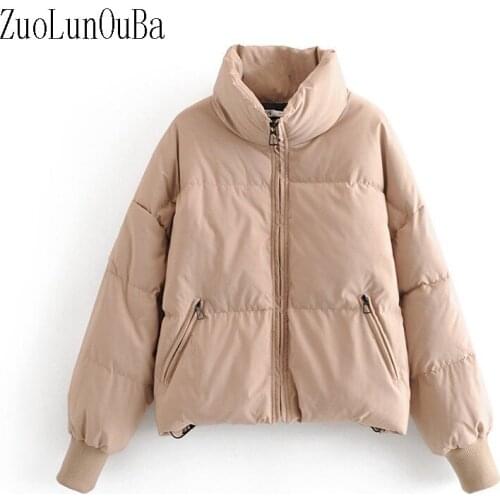 Winter Stylish Simplicity Women Long Sleeve Khaki Coat Oversize Thick Half High Collar Zipper Pockets Female Warm Short Jacket