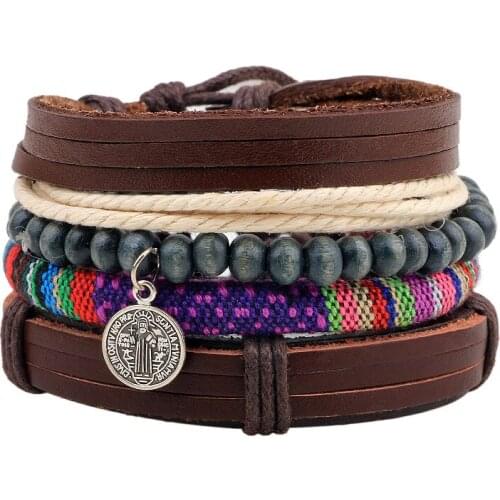 4pcs/set Handmade Boho Hippie Brown Leather Rope Cord Beige Wood Bead Religious Charm Stacked Wrap Layers Bracelets for Man