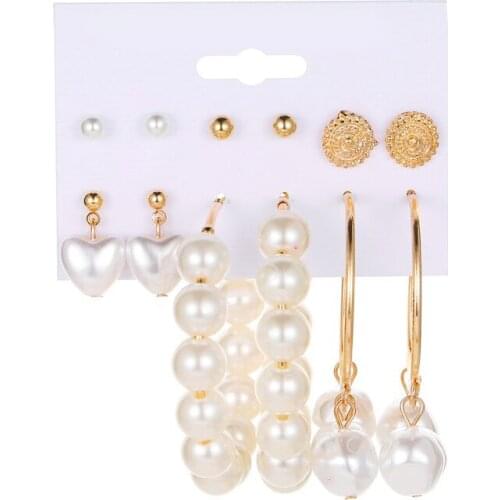 6 Pairs Delicate Earrings Big Circle Pearl Hoop Earrings Set Women Ear Stud Jewelry Party Decoration For Women Gift