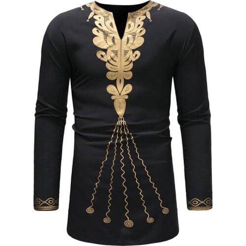 African Dashiki Print Longline T Shirt Men Hipster Streetwear Casual African Clothes Men Slim Fit Long Sleeve Tee Shirt Homme