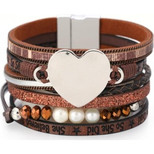 Amorcome Metal Heart Charm Leather Cuff Bracelet Magnetic Multi Strand Wide Wrap Bracelets Bohemian Jewelry Gifts for Women Girl