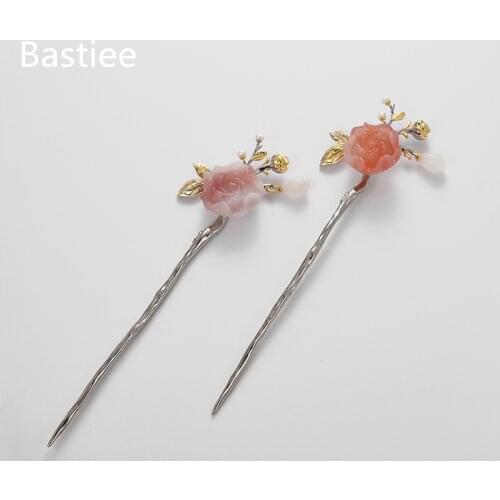 Bastiee 925 Sterling Silver Hair Stick Women Pink Stone Flower Golden Plated Pearl Ethnic Hair Step Shake Hmong Luxury Hairpin