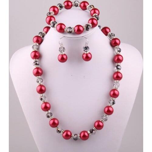 Free shipping 14mm red Pearl and 10mm grey Translucent crystal glass beads necklace bracelet earring jewelry set